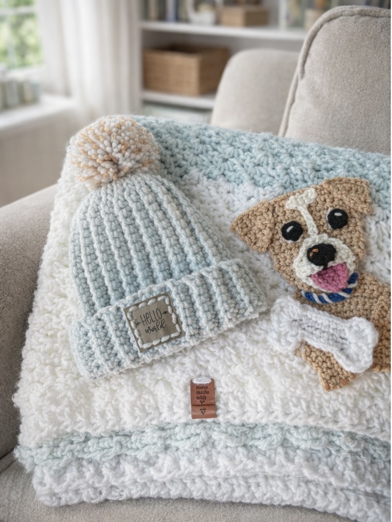 picture of a crocheted baby blanket, beanie and an applique puppy.